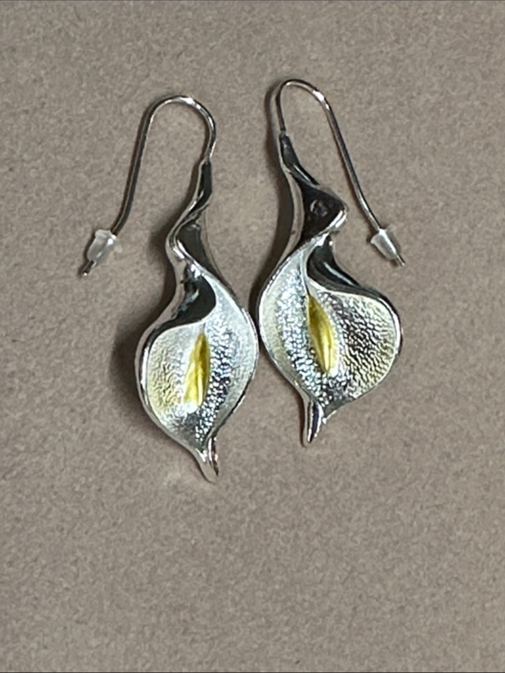 Calla Lily Drop Earrings Fishhook Yellow Accent Silver Tone Spring summer bride